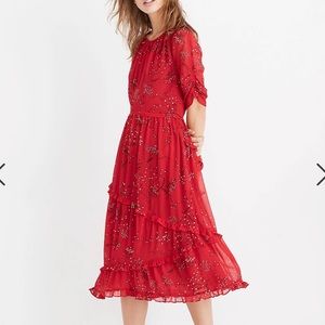 Madewell Women’s Wind-poppy Red Ruffle Floral Midi Dress Size 2